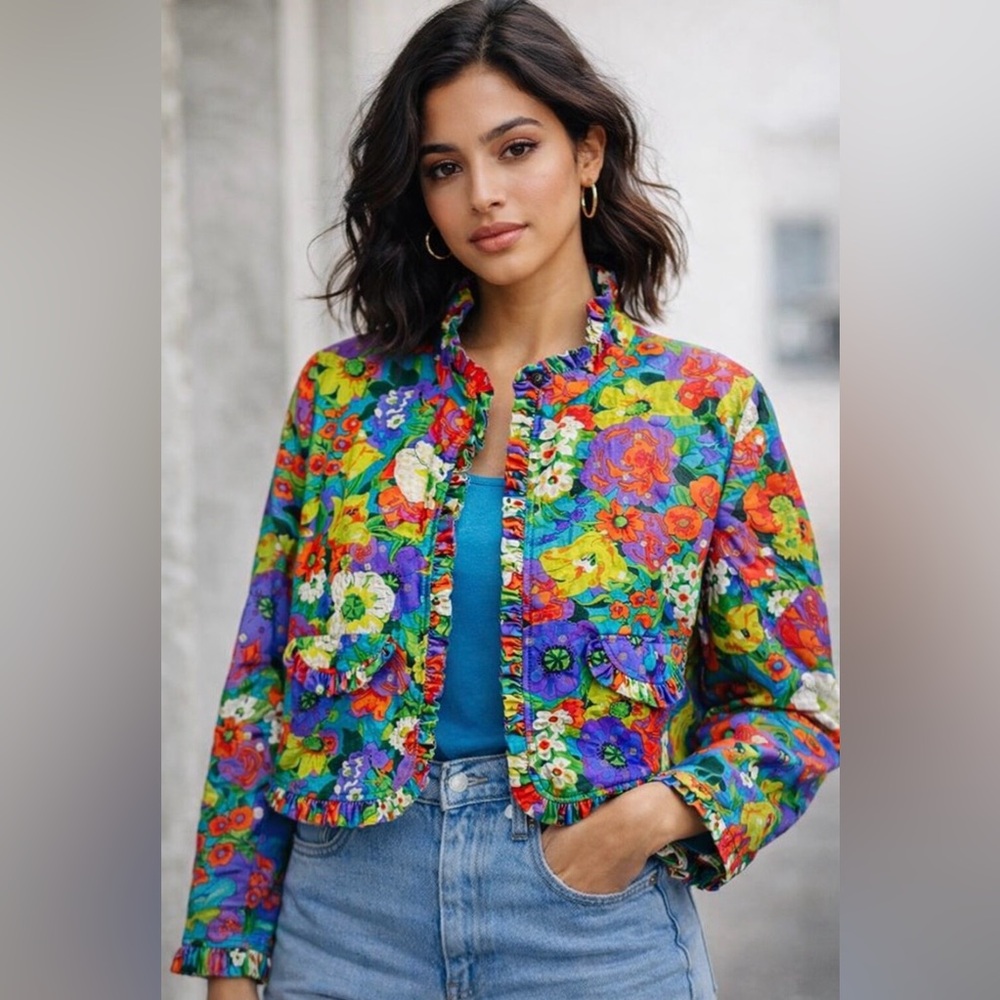 REDD Jeans Vintage Floral Sequin Cropped Jacket Ruffle Trim Festival Retro SZ 10